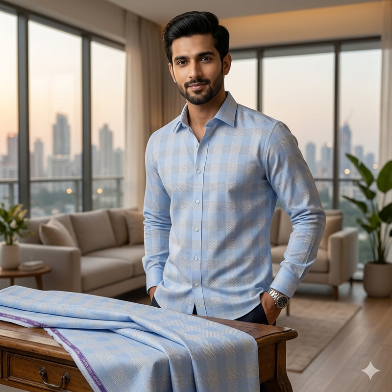 Shirt Fabric Soktas Finest 80s Giza Cotton Check With Jacquard Colour Blue