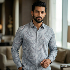 Shirt Fabric Soktas Finest 80s Giza Cotton Digital Print Colour Greyish Green