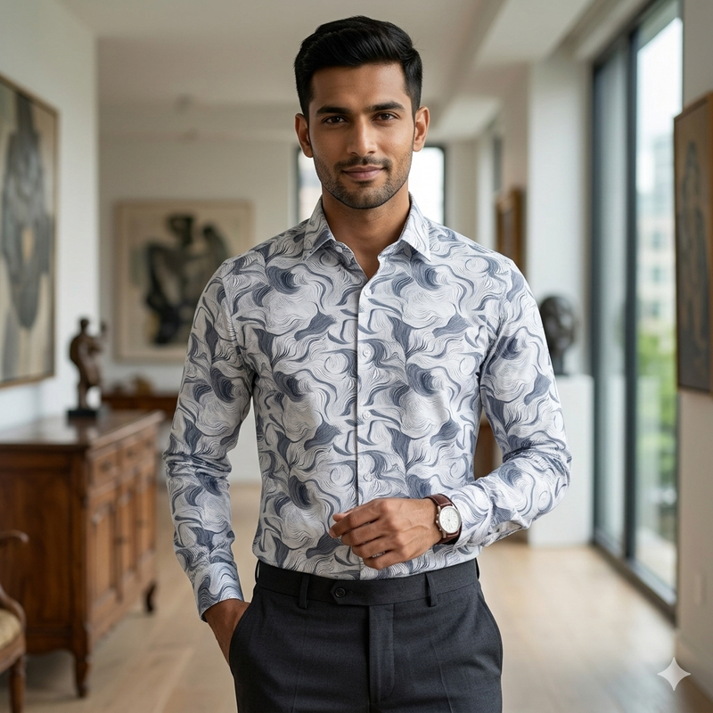 Shirt Fabric Soktas Finest 80s Giza Cotton Digital Print Colour Grey