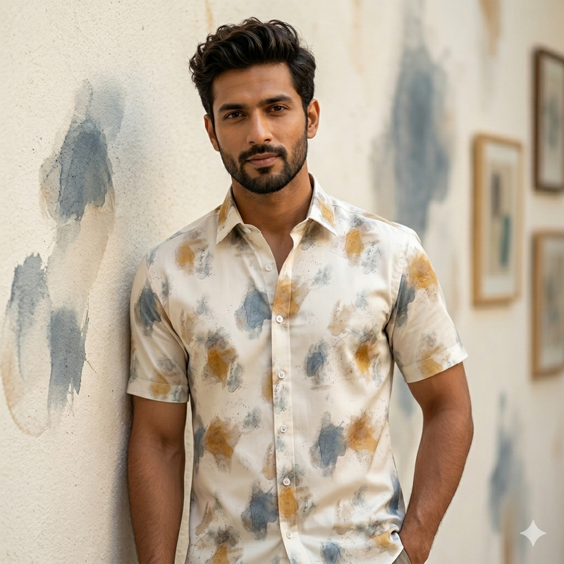 Shirt Fabric Soktas Finest 80s Giza Cotton Digital Print Colour Ash Cream
