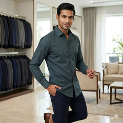 Shirt Fabric Raymond 70s Giza Cotton Plain Colour Dark Greenish Grey