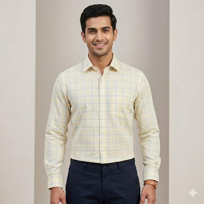 Shirt Fabric Grasim 100% Cotton Check Colour Light Brown