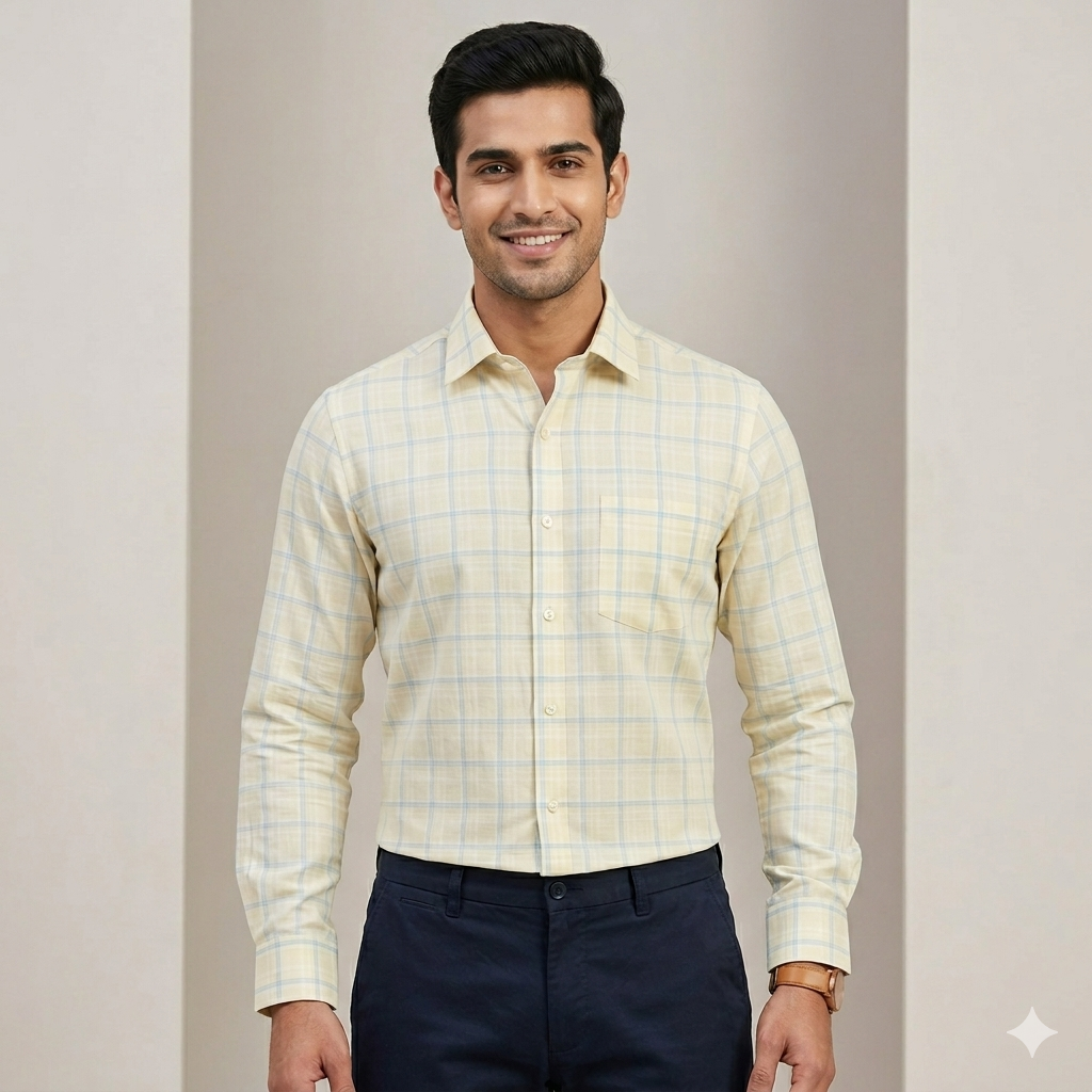 Shirt Fabric Grasim 100% Cotton Check Colour Light Brown