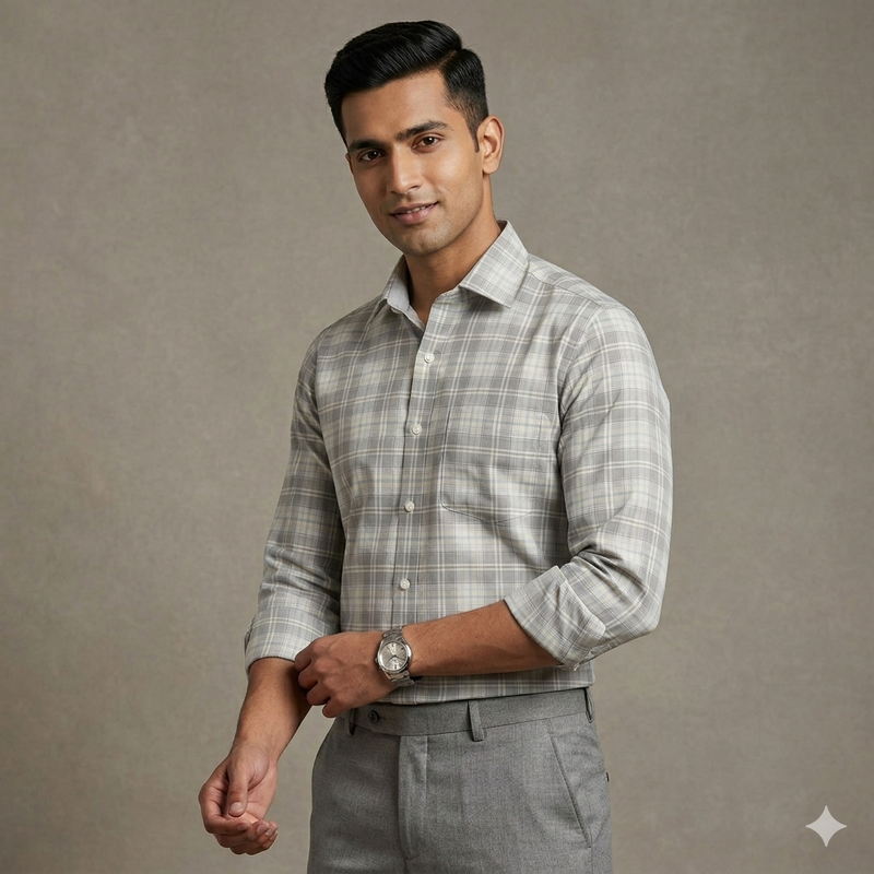 Shirt Fabric Grasim 100% Cotton Check Colour Grey