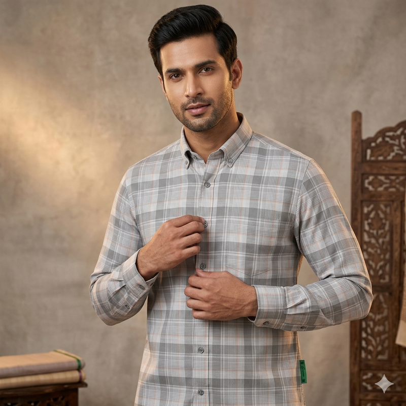 Shirt Fabric Grasim 100% Cotton Check Colour Grey N White