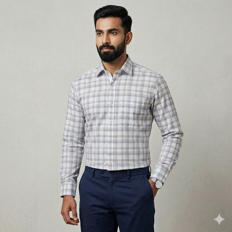 Shirt Fabric Grasim 100% Cotton Check With Slub Colour Grey N White