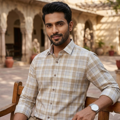 Shirt Fabric Grasim 100% Cotton Check Colour Beige N Grey
