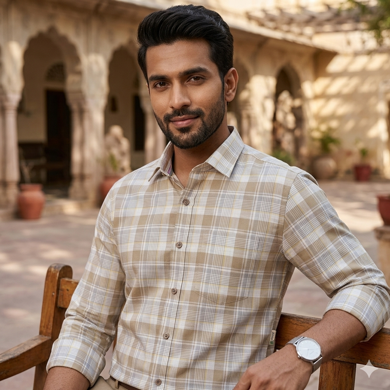 Shirt Fabric Grasim 100% Cotton Check Colour Beige N Grey