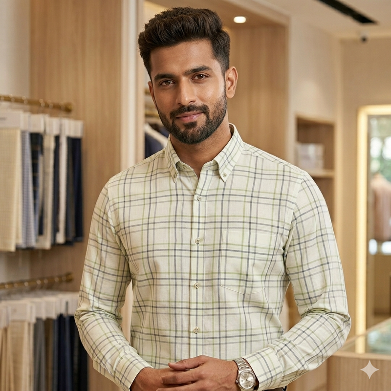 Shirt Fabric Grasim 100% Cotton Check Colour Ash Cream