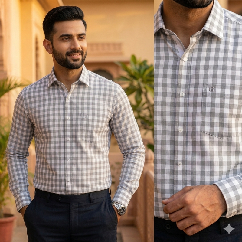 Shirt Fabric Grasim 100% Cotton Check Colour Grey