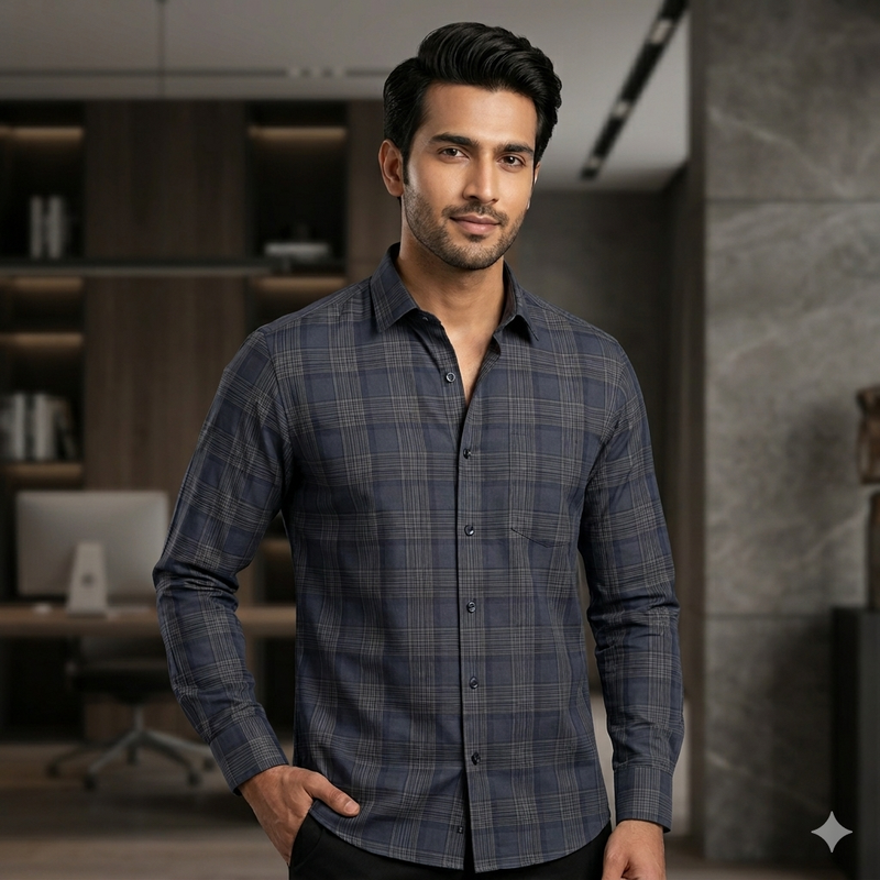 Shirt Fabric Grasim 100% Cotton Check Colour Grey N Blue