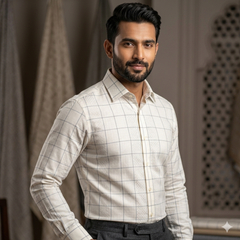 Shirt Fabric Grasim 100% Cotton Check With Jacquard Colour Cream