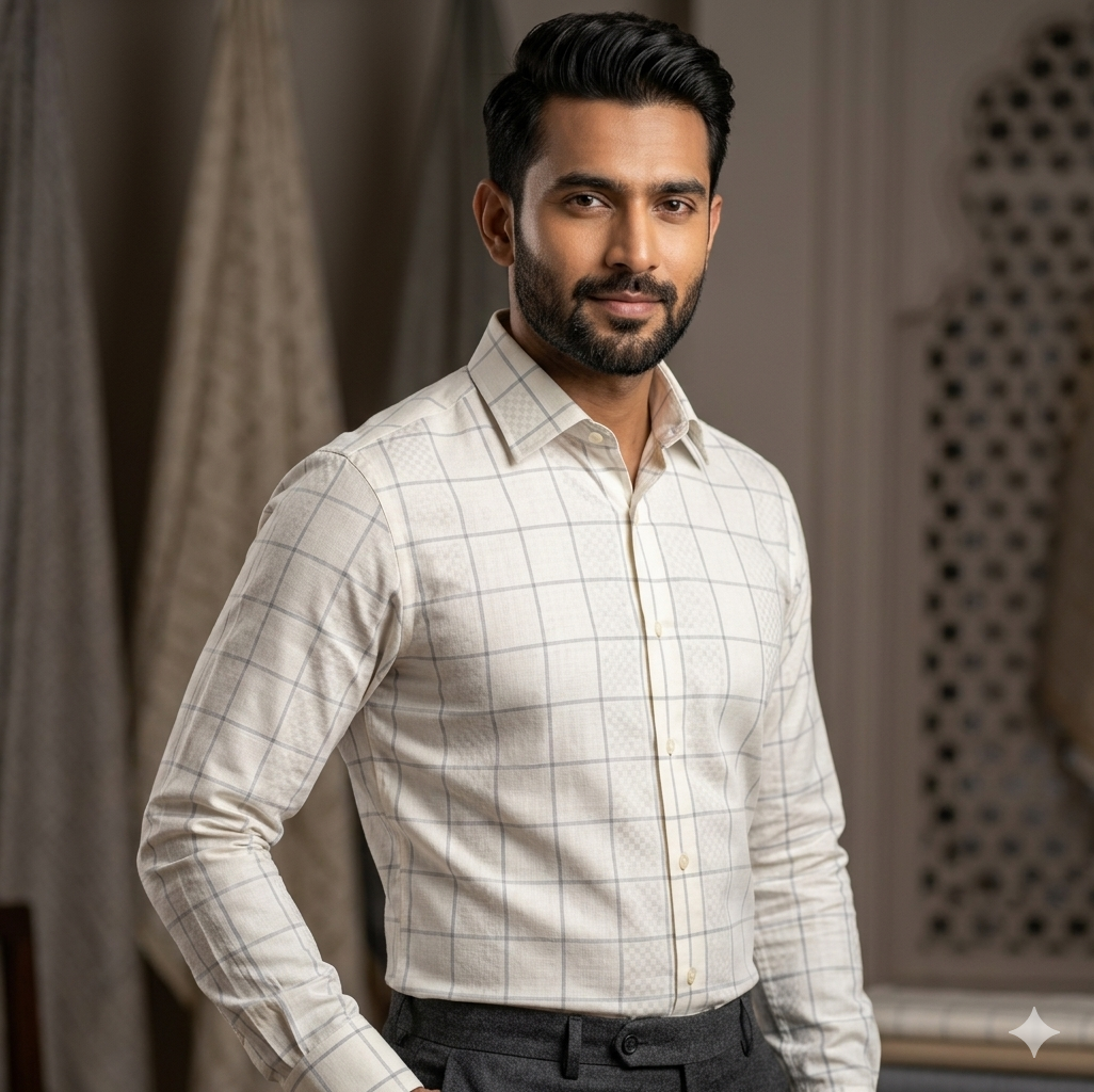 Shirt Fabric Grasim 100% Cotton Check With Jacquard Colour Cream