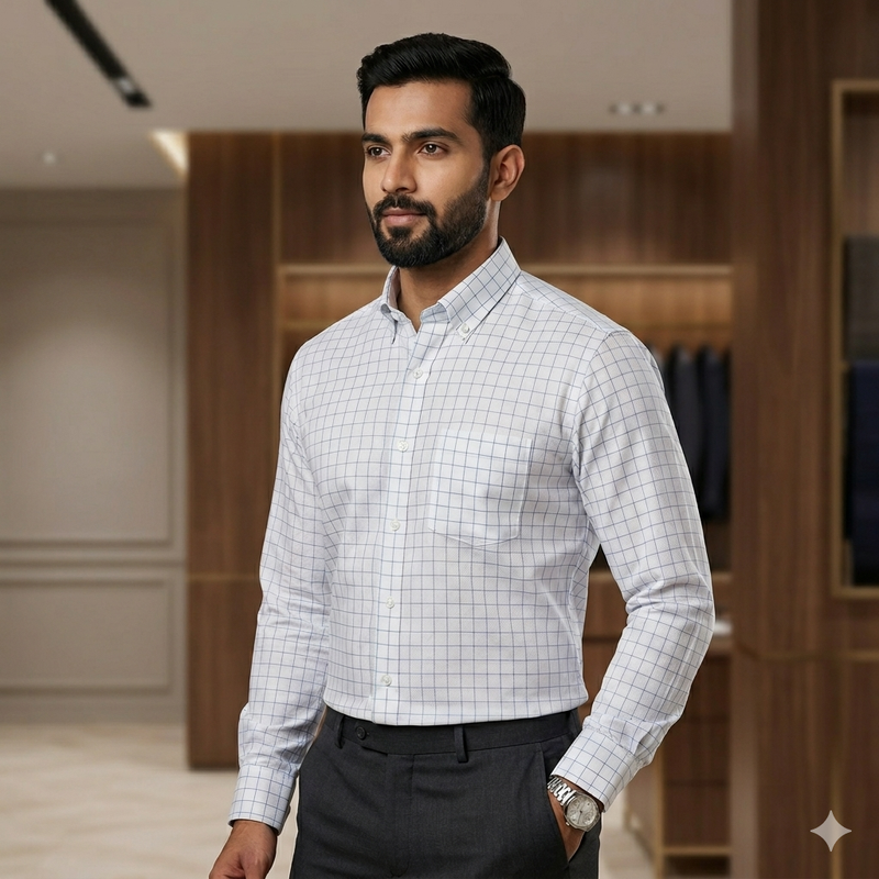 Shirt Fabric Grasim 100% Cotton Check Colour Blue N White