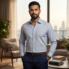 Shirt Fabric Grasim 100% Cotton Check Colour Blue N Grey