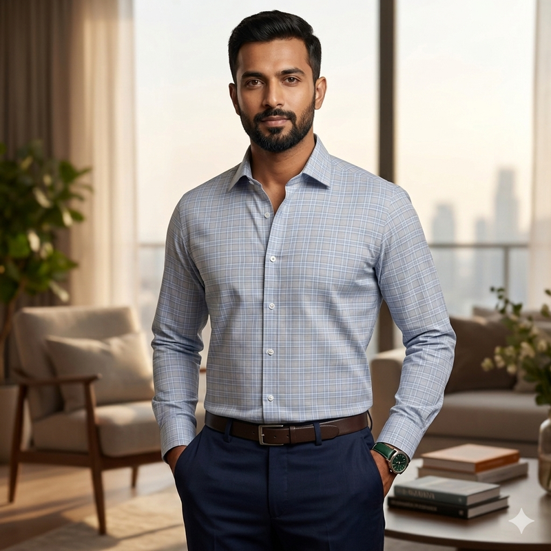 Shirt Fabric Grasim 100% Cotton Check Colour Blue N Grey