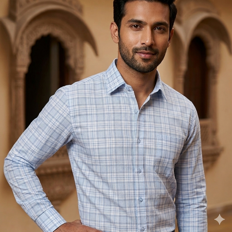 Shirt Fabric Grasim 100% Cotton Check Colour Light Blue