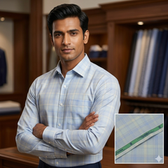 Shirt Fabric Grasim 100% Cotton Check Colour Blue N Greenish Grey