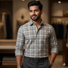Shirt Fabric Grasim 100% Cotton Check Colour Grey N Brown