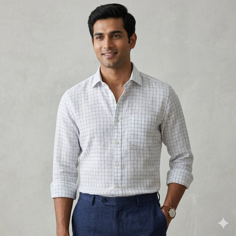 Shirt Fabric Arvind 60 Lea Pure Linen Check Colour Blue N White