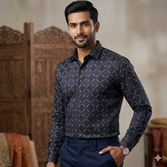 Shirt Fabric Raymond 100% Giza Cotton Print Colour Dark Blue N Brown