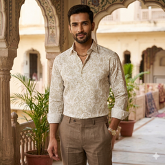 Shirt Fabric Raymond 100% Giza Cotton Print Colour Tan Beige