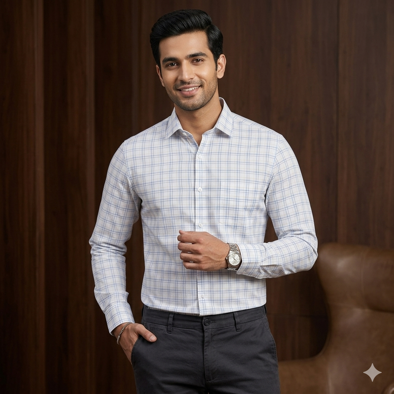 Shirt Fabric Arvind 100% Pure Cotton Check Colour Blue N White