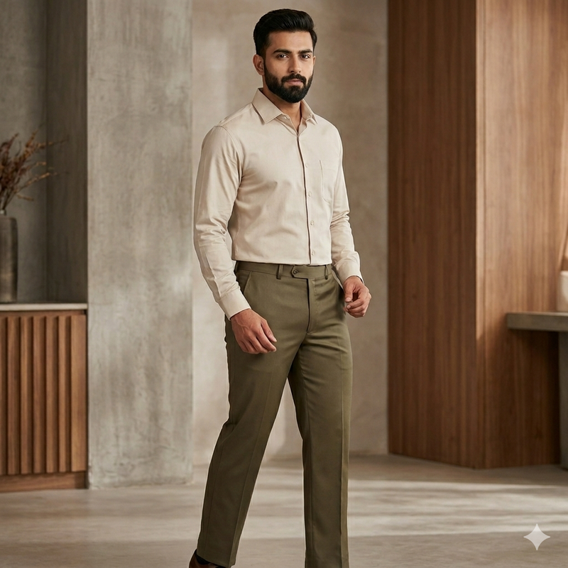 Trouser Fabric Donear Giza Cotton Stretchable Plain Colour Greenish Brown