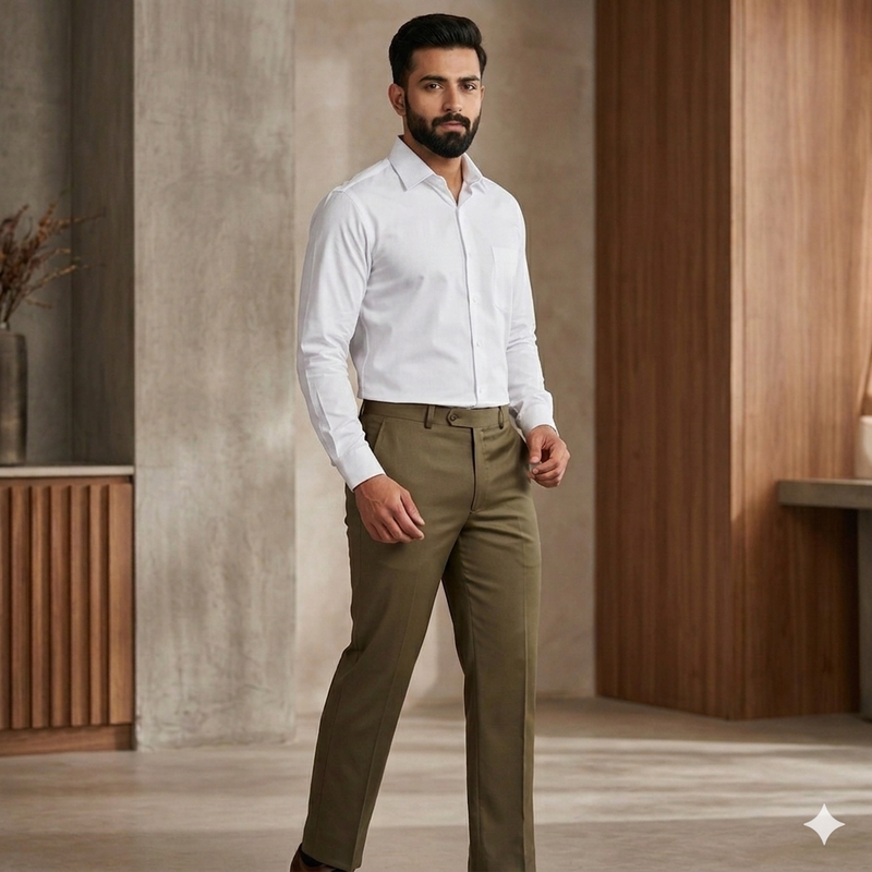 Pant Shirt Combo Donear Greenish Brown Trouser With White Plain Giza Cotton Shirt Fabric