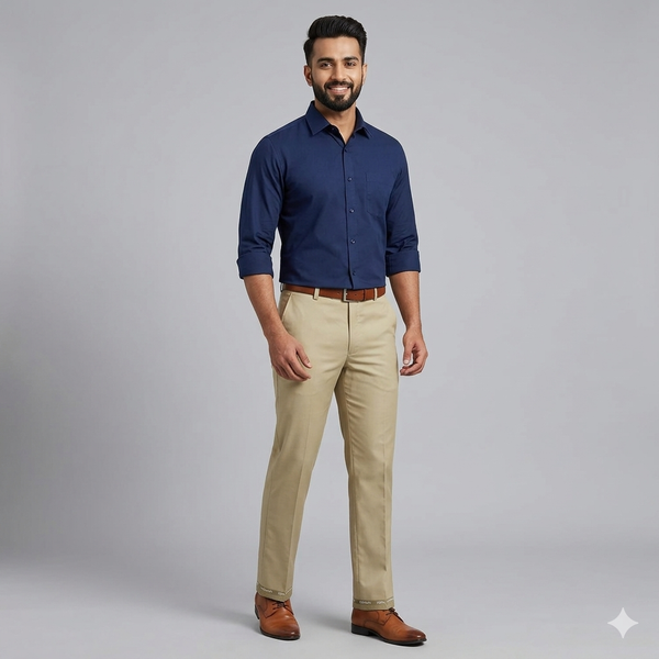 Pant Shirt Combo Donear Latte Brown Trouser With Dark Blue Plain Giza Cotton Shirt Fabric