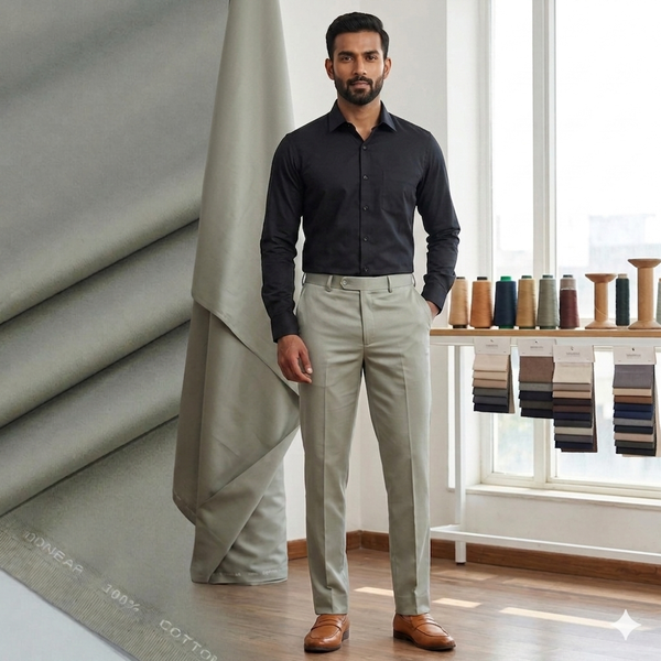 Pant Shirt Combo Donear Greenish Grey Trouser With Black Plain Giza Cotton Shirt Fabric