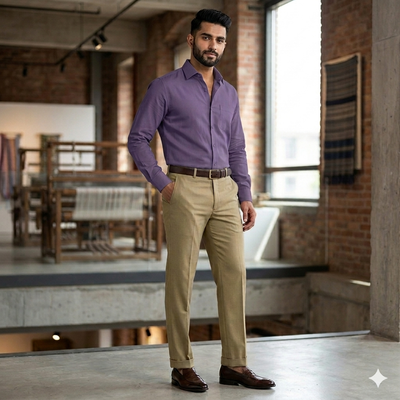 Pant Shirt Combo Donear Beeswax Brown Trouser With Lavender Plain Giza Cotton Shirt Fabric