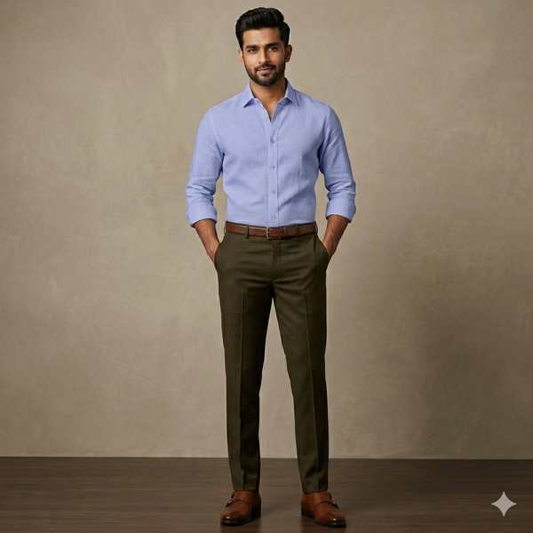 Pant Shirt Combo Donear Greenish Golden Trouser With Cornflower Blue Plain Giza Cotton Shirt Fabric