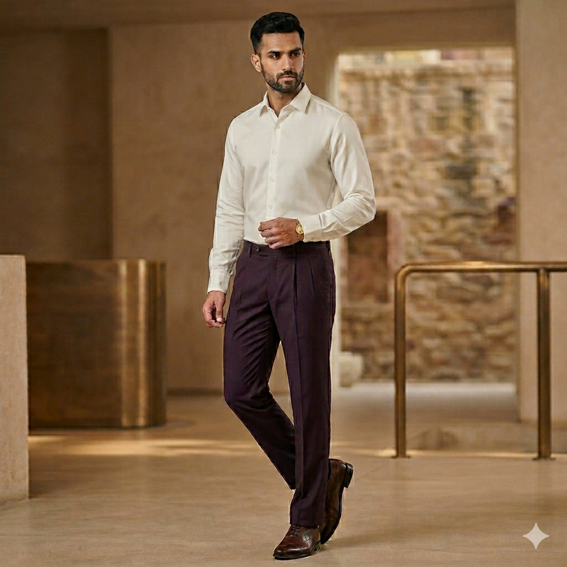 Pant Shirt Combo Donear Bordeaux Wine Trouser With Off White Plain Giza Cotton Shirt Fabric