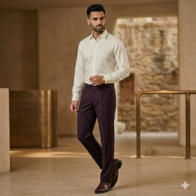 Pant Shirt Combo Donear Bordeaux Wine Trouser With Off White Plain Giza Cotton Shirt Fabric