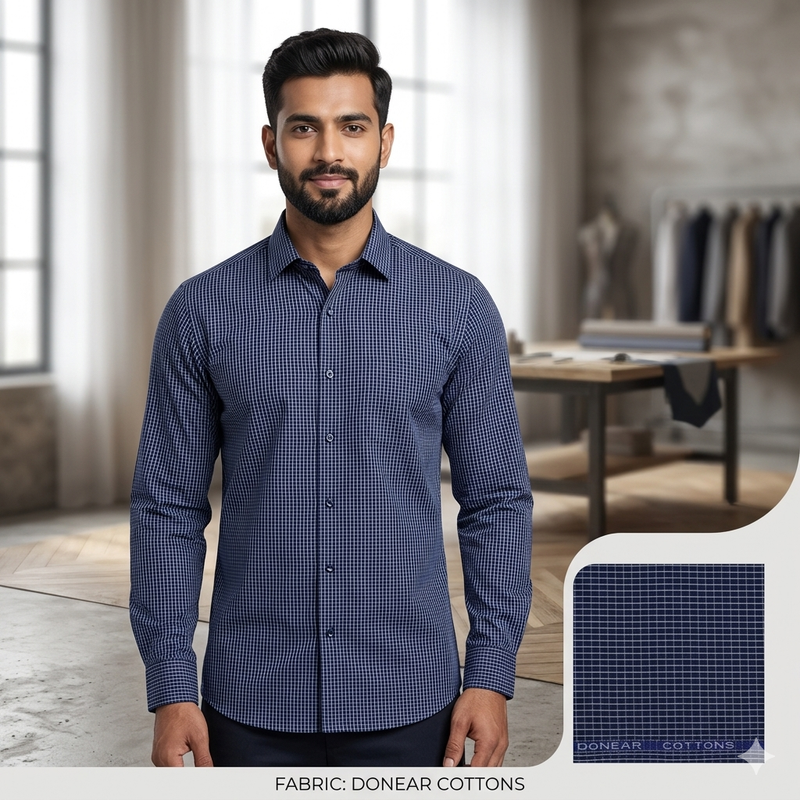 Shirt Fabric Donear Premium Giza Cotton Pin Check Colour Space Blue