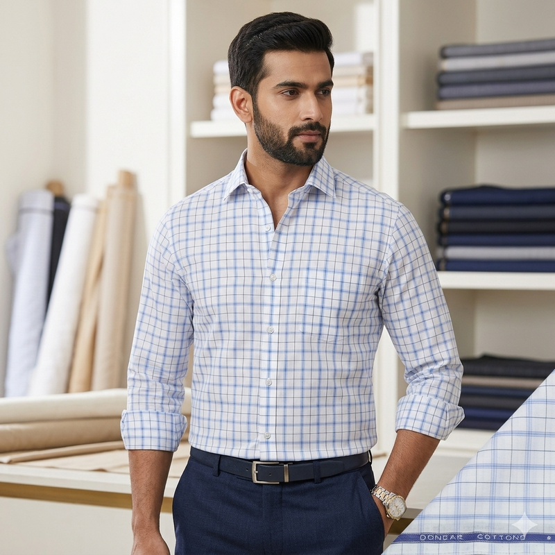 Shirt Fabric Donear Premium Giza Cotton Check Colour Blue N White