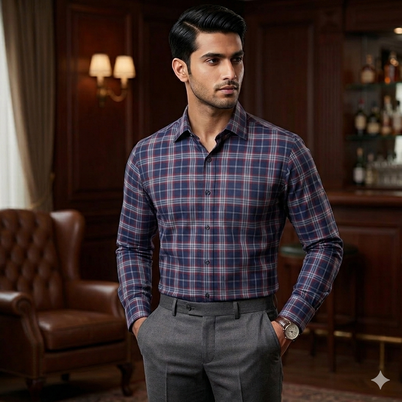 Shirt Fabric Donear Premium Giza Cotton Check Colour Indigo Blue
