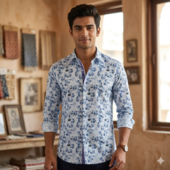 Shirt Fabric Donear Premium Giza Cotton with LA Finish Digital Print Colour Blue N White