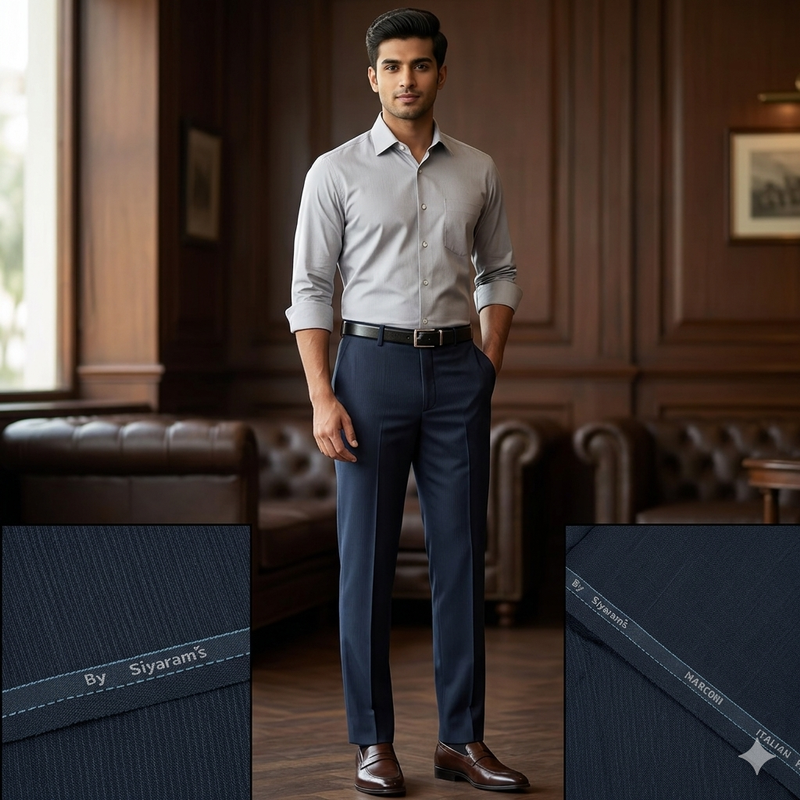 Trouser Fabric Siyaram Poly Viscose Self Check Colour Prussian Blue