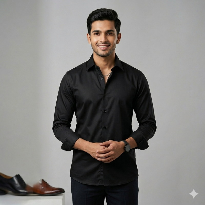 Shirt Fabric Soktas 80s Giza Cotton Plain Colour Black