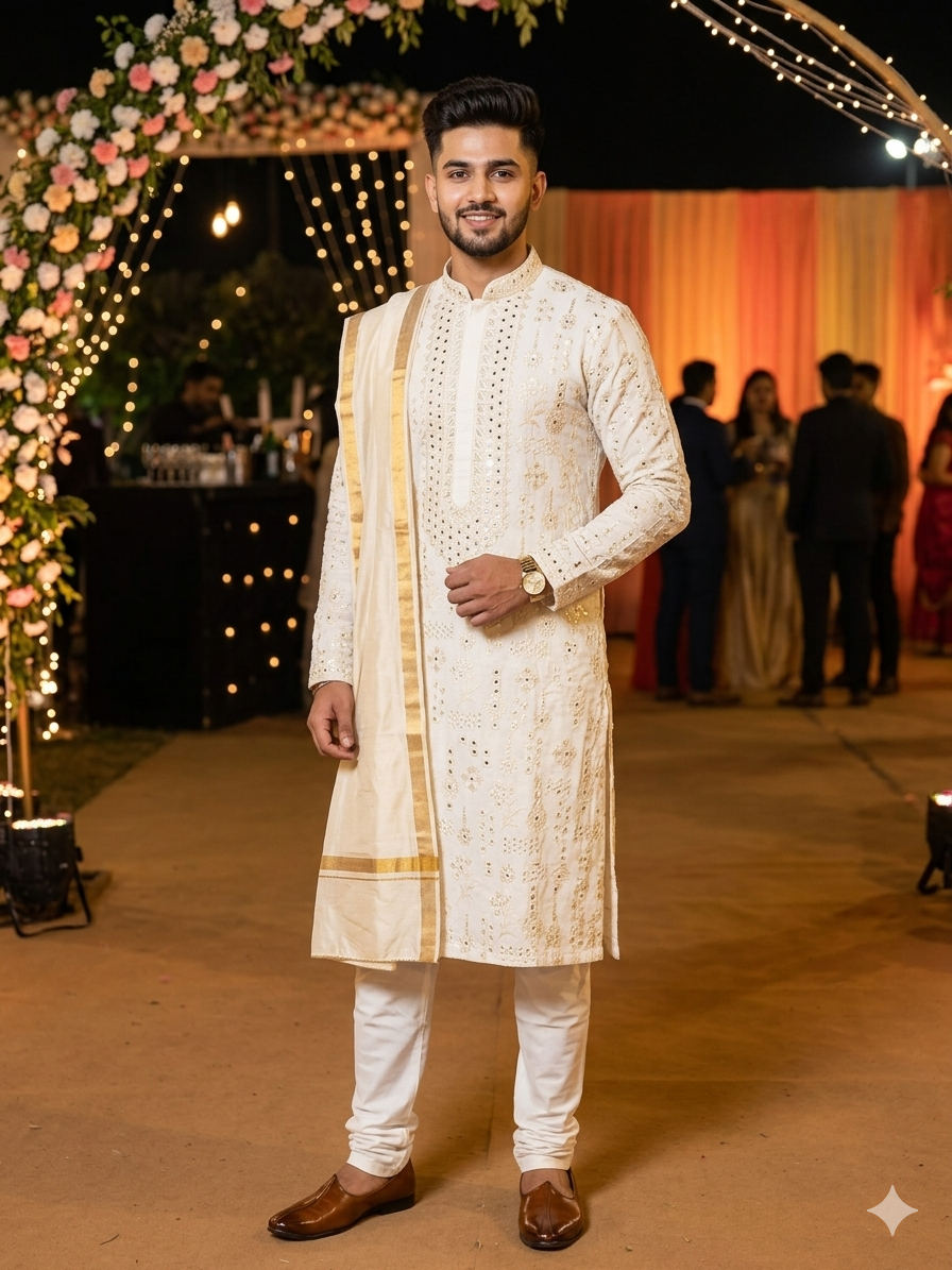 Kurta Pajama Fabric ManTire Designer Silk Embroidery Colour Ash White