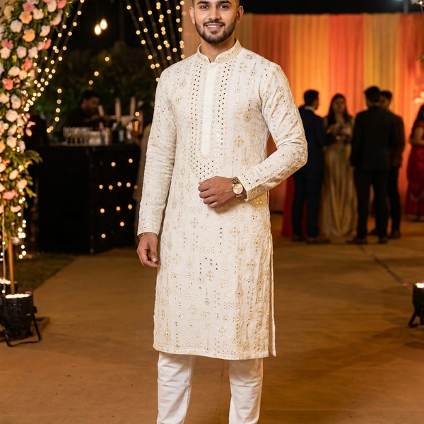 Kurta Pajama Fabric ManTire Designer Silk Embroidery Colour Ash White