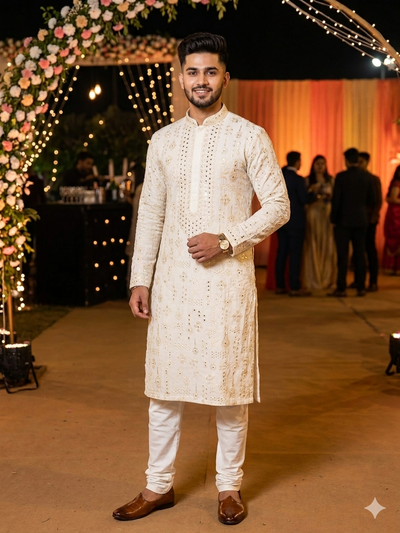 Kurta Pajama Fabric ManTire Designer Silk Embroidery Colour Ash White