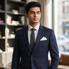 Tweed Blazer Fabric OCM Wool Blended Broad Check Colour Prussian Blue