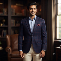 Tweed Blazer Fabric OCM Wool Blended Broad Check Colour Brownish Red N Dark Blue