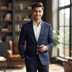 Tweed Blazer Fabric OCM Wool Blended Check Colour Dark Blue