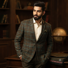 Tweed Blazer Fabric Raymond Wool Blended Broad Check Colour Greenish Brown