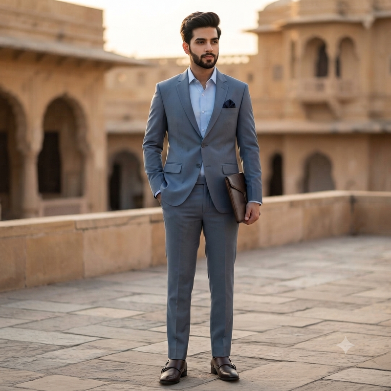 Suit Fabric Graviera 4Way Stretchable Plain Color Glacous Blue