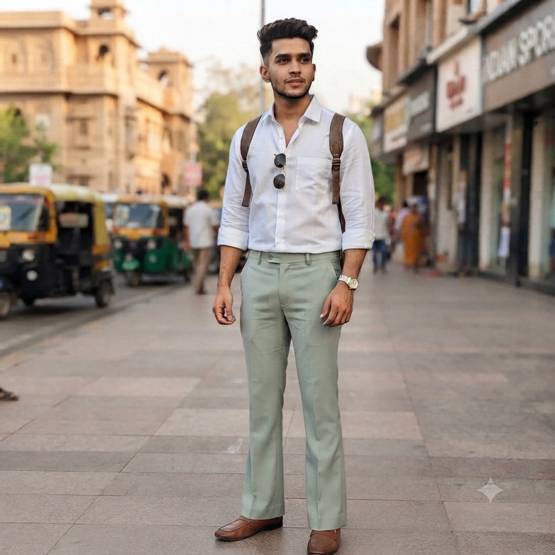 Pant Shirt Combo Vimal Pista Green TR Trouser With White Plain Giza Cotton Shirt Fabric